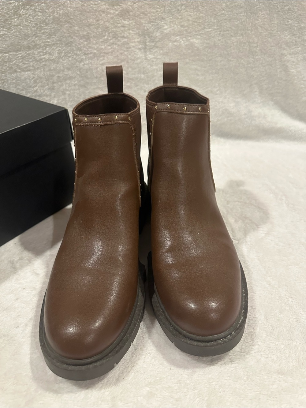 Coach Brown Leather & Fabric Heeled Ankle Boots with Gold Accents - Picture 4 of 7